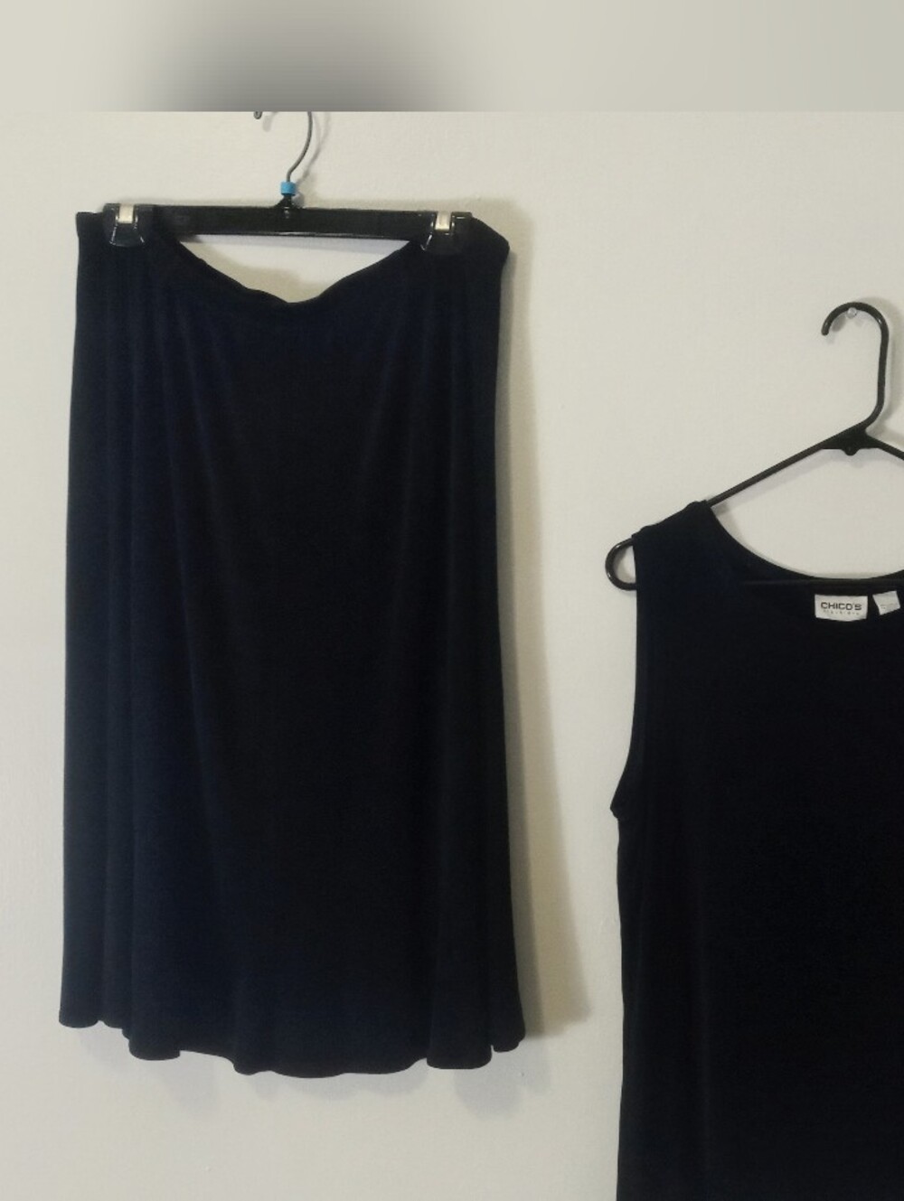 2p Chico's Travelers Black Slinky Tank Top Ànd Midi A-Line Skirt Set Size 3 (XL)